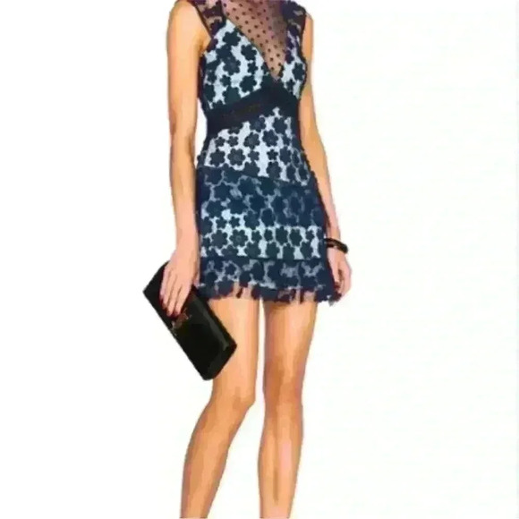 SELF PORTRAIT Womens Flower Lace Navy / Blue overlay dress Sz 8 EUC - Picture 2 of 9